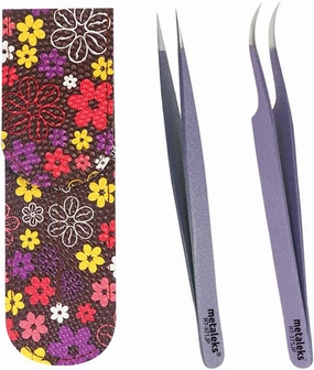 Eyelash Extension Tweezer with Straight and Curved Tip With Double Tweezer Magnetic Pouch (Metallic Purple Powder Coated)