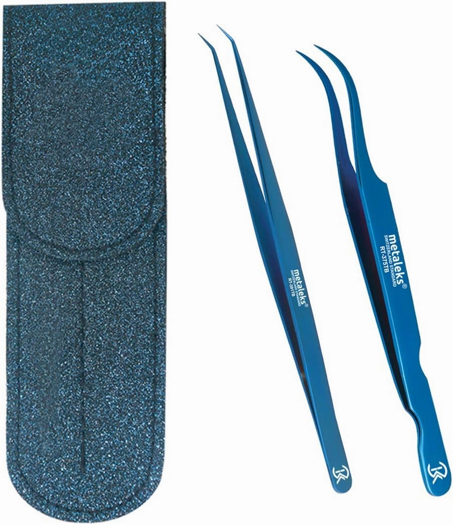 Eyelash Extension Tweezers with Straight and Curved Tip Tweezers with Double Tweezers Magnetic Pouch (Blue Titanium Coated)