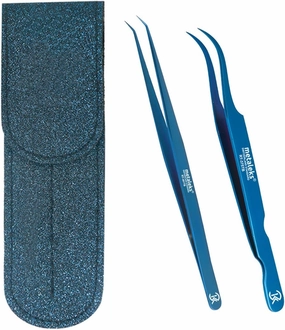 Eyelash Extension Tweezers with Straight and Curved Tip Tweezers with Double Tweezers Magnetic Pouch (Blue Titanium Coated)