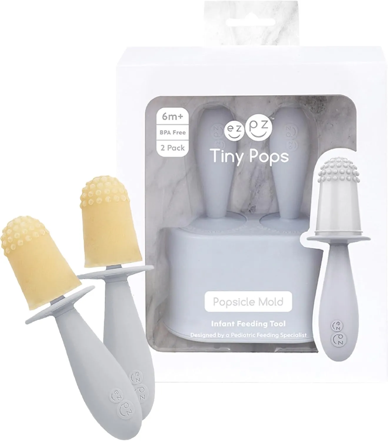 ezpz Tiny Pops (Pewter) - Popsicle Mold Set with Wands for Infants 4 Months   - Two Pack - Baby Essentials