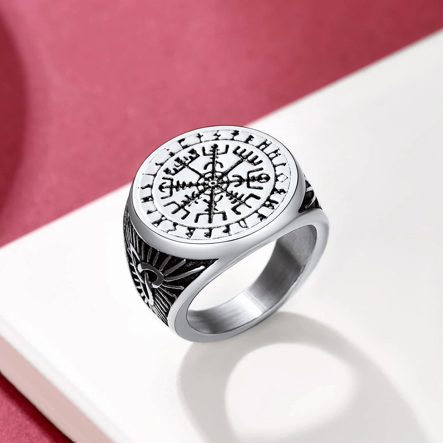 FaithHeart Viking Vegvisir Pirate Compass Rings, Stainless Steel/18K Gold Plated Norse Symbol Vintage Jewelry Personalized Custom