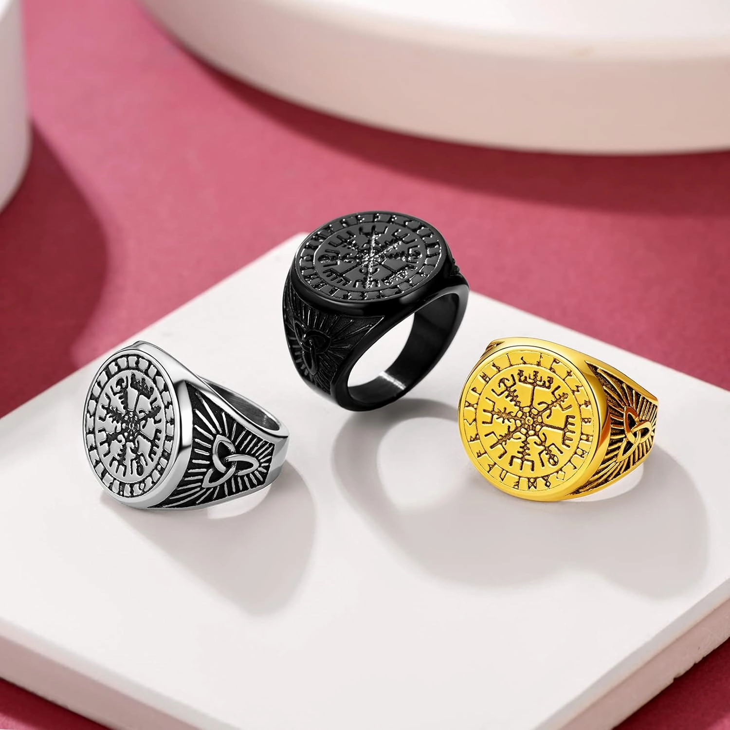 FaithHeart Viking Vegvisir Pirate Compass Rings, Stainless Steel/18K Gold Plated Norse Symbol Vintage Jewelry Personalized Custom