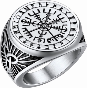 FaithHeart Viking Vegvisir Pirate Compass Rings, Stainless Steel/18K Gold Plated Norse Symbol Vintage Jewelry Personalized Custom