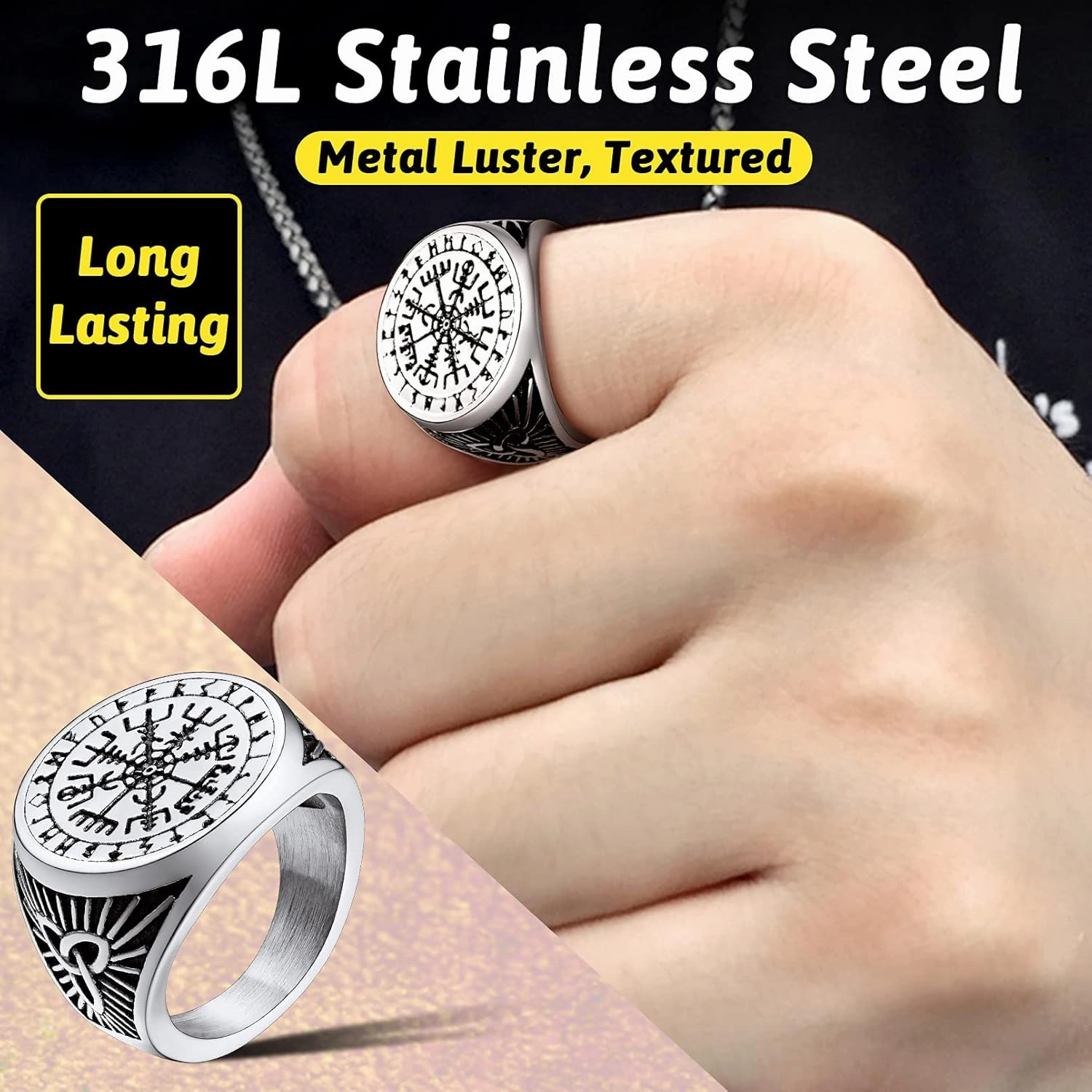 FaithHeart Viking Vegvisir Pirate Compass Rings, Stainless Steel/18K Gold Plated Norse Symbol Vintage Jewelry Personalized Custom