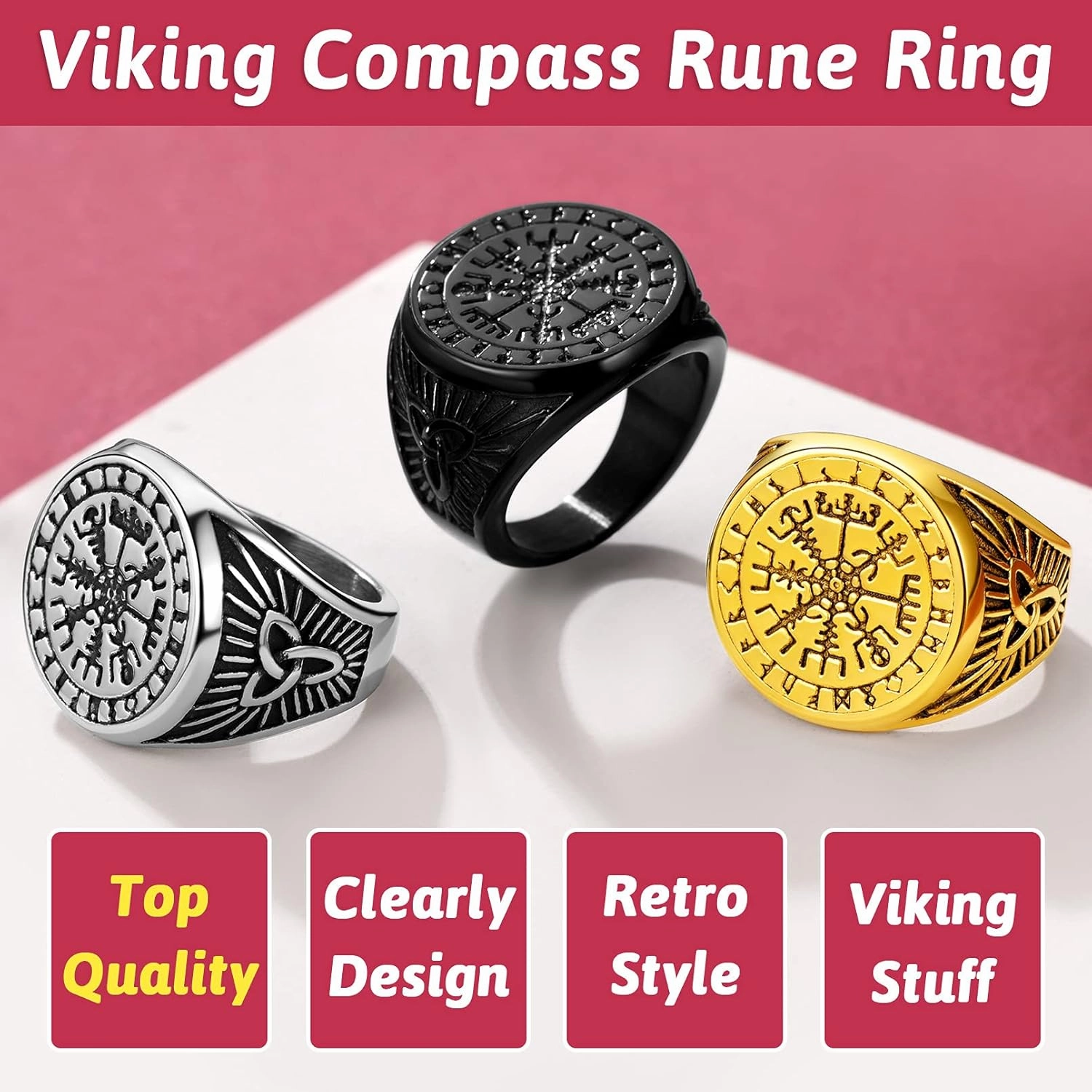 FaithHeart Viking Vegvisir Pirate Compass Rings, Stainless Steel/18K Gold Plated Norse Symbol Vintage Jewelry Personalized Custom