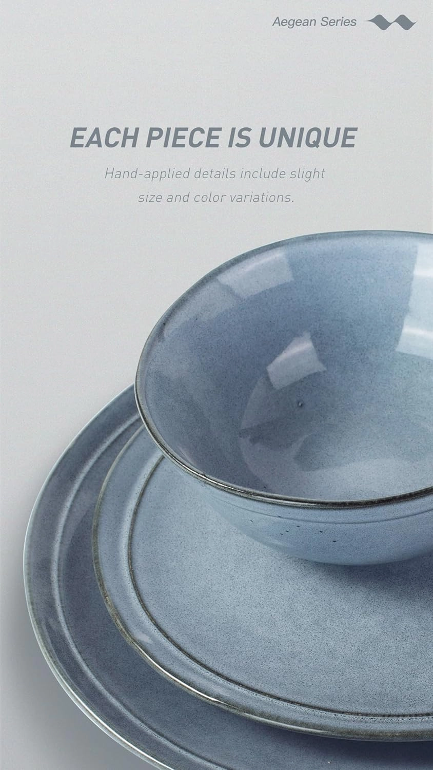 Famiware Aegean Stoneware Dinnerware Set for 4, Plates and Bowls Sets, 12-Piece Scratch-Resistant Dinner Plate Set, Handmade Irregular Round Dishes - Microwave and Dishwasher Safe, Blue Grey