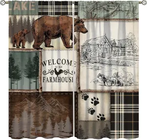 Farmhouse Bear Deer Curtains, Rustic Style Retro Rural Cottage Lattice Splicing Bedroom Living Room Kitchen Window Drapes 42x45 Inch