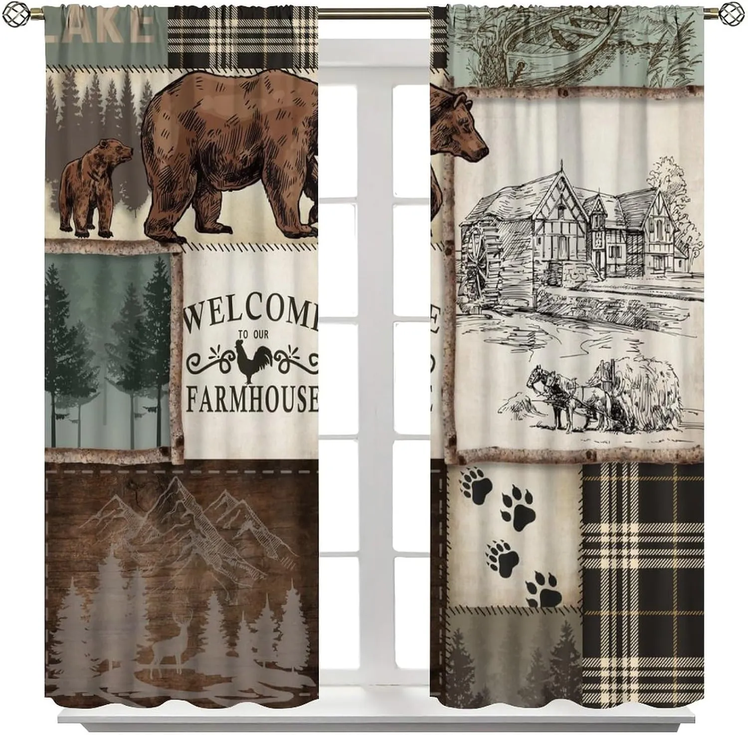 Farmhouse Bear Deer Curtains, Rustic Style Retro Rural Cottage Lattice Splicing Bedroom Living Room Kitchen Window Drapes 42x45 Inch