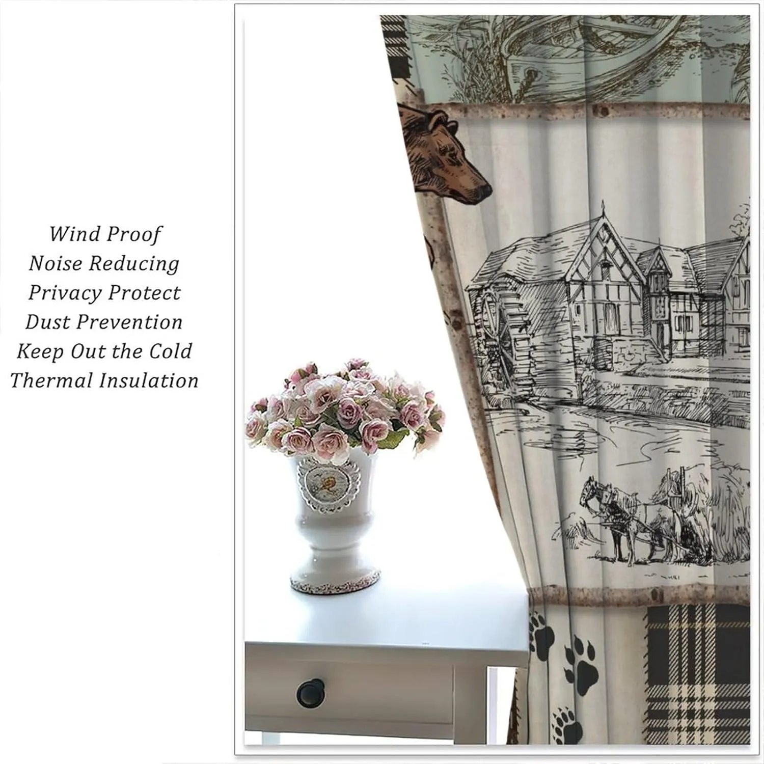Farmhouse Bear Deer Curtains, Rustic Style Retro Rural Cottage Lattice Splicing Bedroom Living Room Kitchen Window Drapes 42x45 Inch