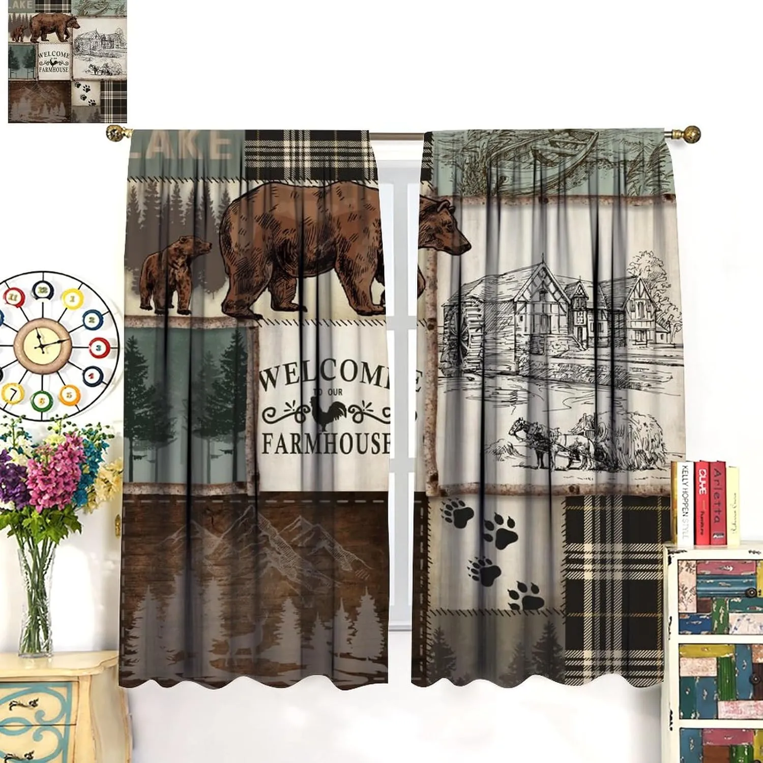 Farmhouse Bear Deer Curtains, Rustic Style Retro Rural Cottage Lattice Splicing Bedroom Living Room Kitchen Window Drapes 42x45 Inch