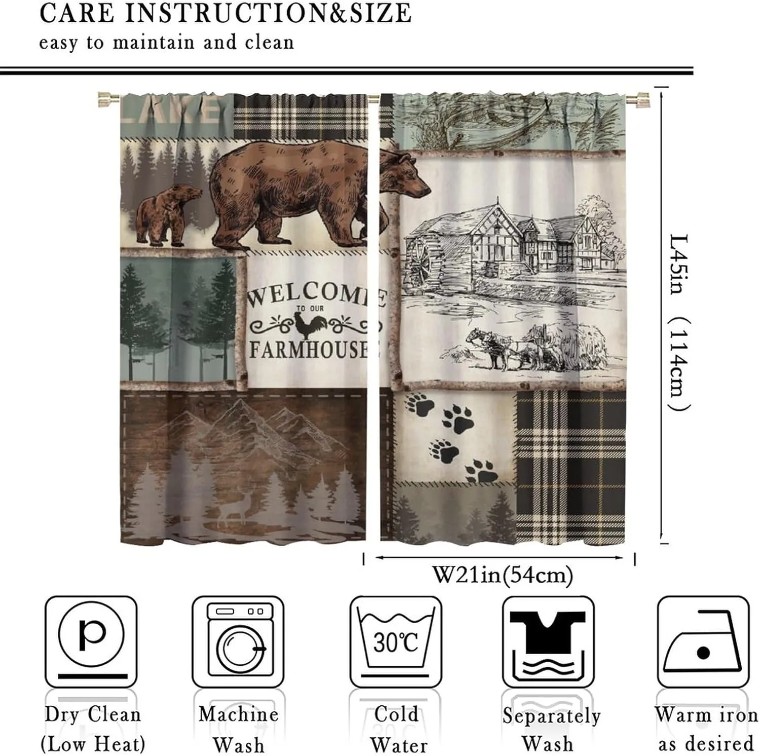 Farmhouse Bear Deer Curtains, Rustic Style Retro Rural Cottage Lattice Splicing Bedroom Living Room Kitchen Window Drapes 42x45 Inch