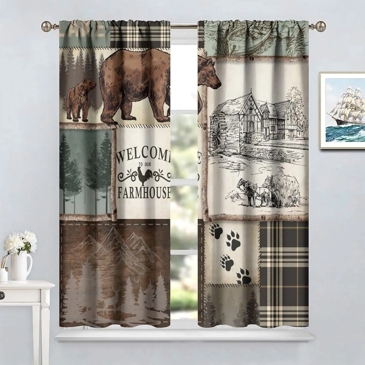 Farmhouse Bear Deer Curtains, Rustic Style Retro Rural Cottage Lattice Splicing Bedroom Living Room Kitchen Window Drapes 42x45 Inch