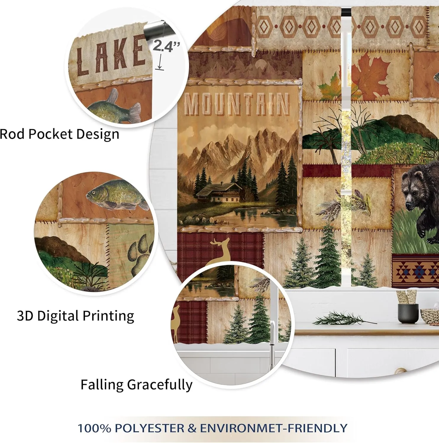 Farmhouse Cabin Forest Kitchen Curtains Rustic Forest Deer Bear Country Small Short Cafe Window Curtains RV Mountain Rod Pocket Bathroom Drapes Treatment Tier Curtains 2 Panels (27.5x39 Inch)