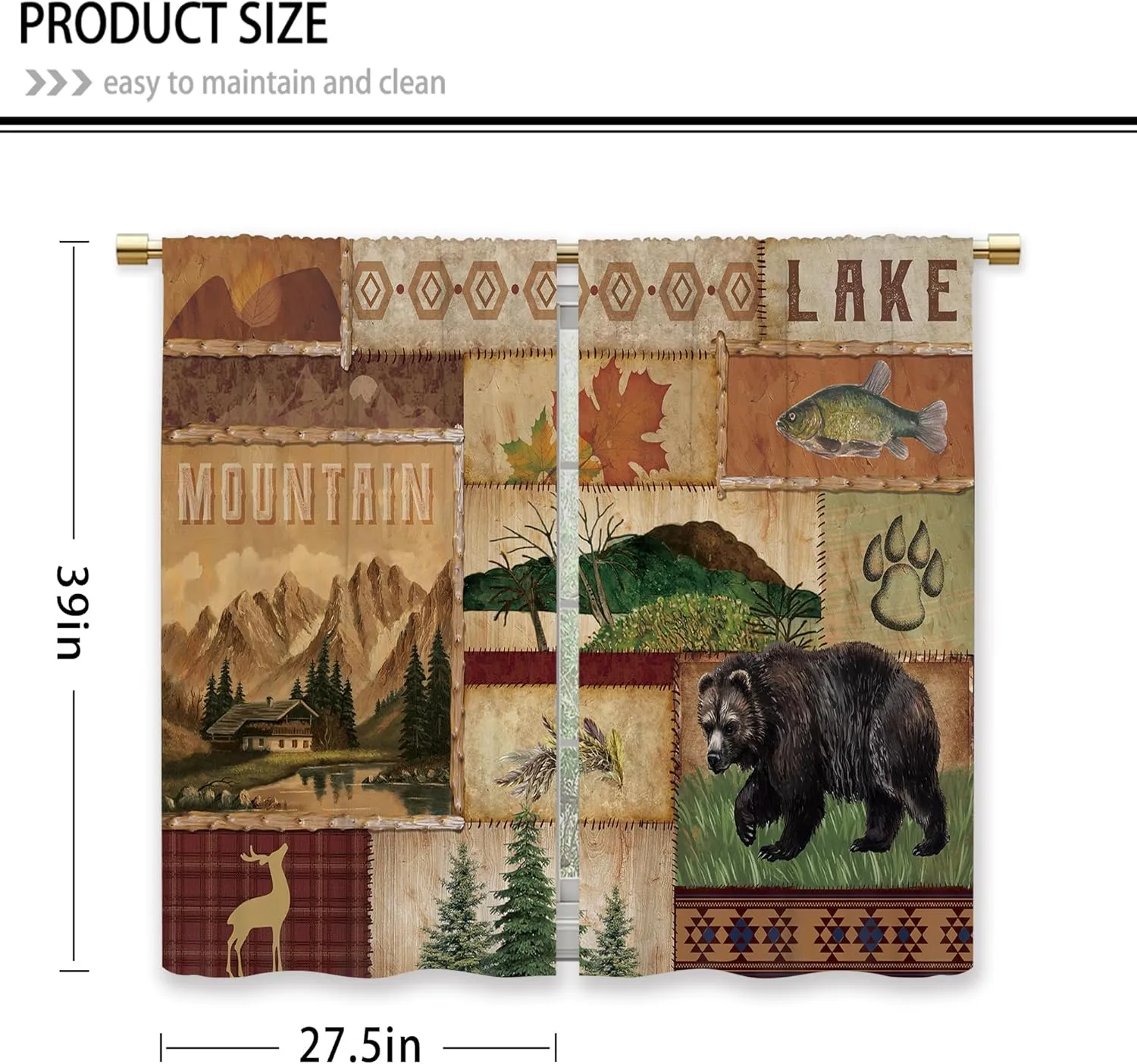 Farmhouse Cabin Forest Kitchen Curtains Rustic Forest Deer Bear Country Small Short Cafe Window Curtains RV Mountain Rod Pocket Bathroom Drapes Treatment Tier Curtains 2 Panels (27.5x39 Inch)