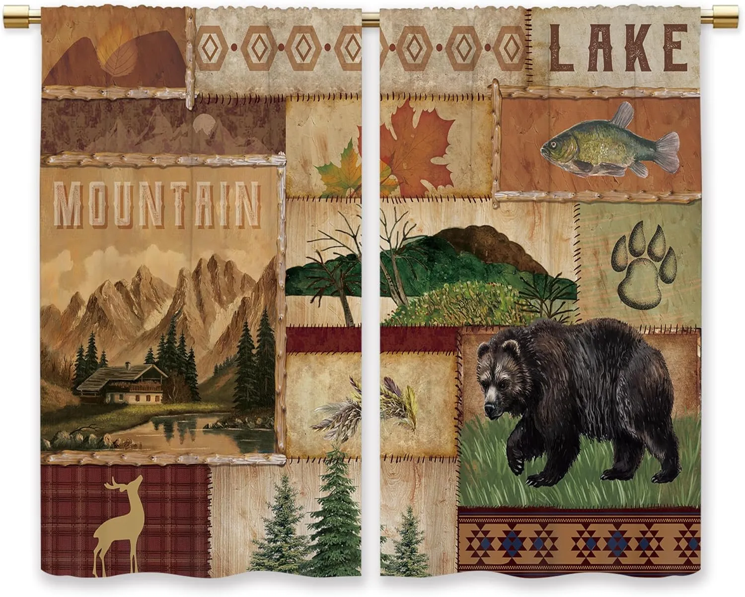 Farmhouse Cabin Forest Kitchen Curtains Rustic Forest Deer Bear Country Small Short Cafe Window Curtains RV Mountain Rod Pocket Bathroom Drapes Treatment Tier Curtains 2 Panels (27.5x39 Inch)