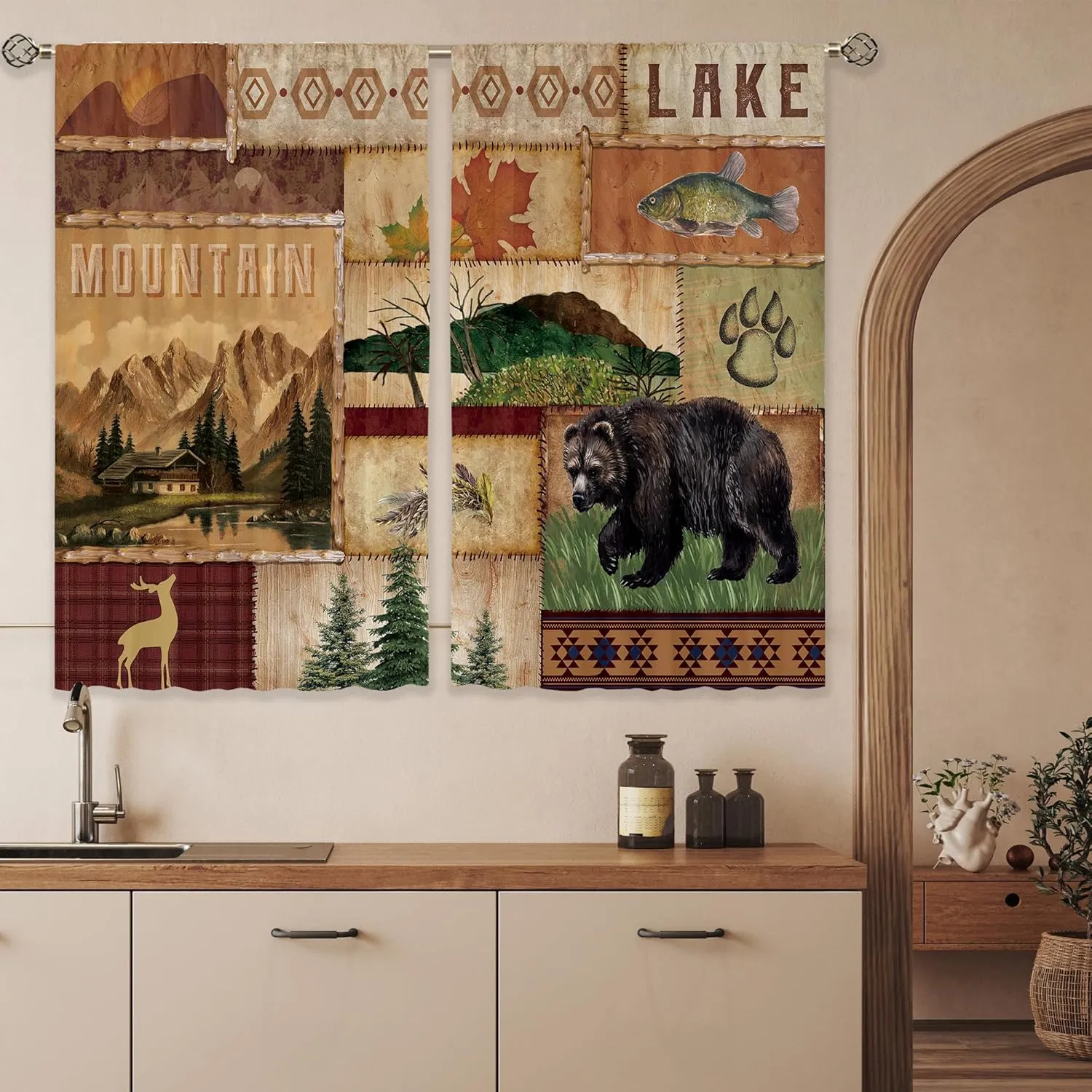 Farmhouse Cabin Forest Kitchen Curtains Rustic Forest Deer Bear Country Small Short Cafe Window Curtains RV Mountain Rod Pocket Bathroom Drapes Treatment Tier Curtains 2 Panels (27.5x39 Inch)