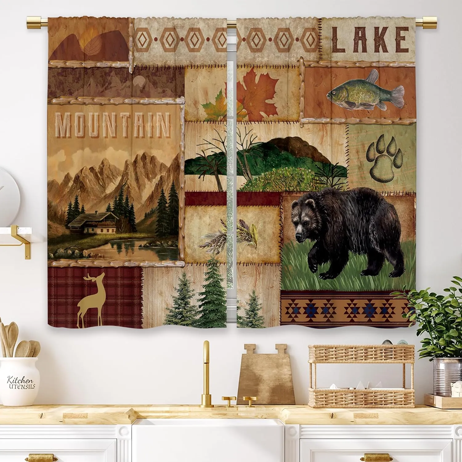 Farmhouse Cabin Forest Kitchen Curtains Rustic Forest Deer Bear Country Small Short Cafe Window Curtains RV Mountain Rod Pocket Bathroom Drapes Treatment Tier Curtains 2 Panels (27.5x39 Inch)