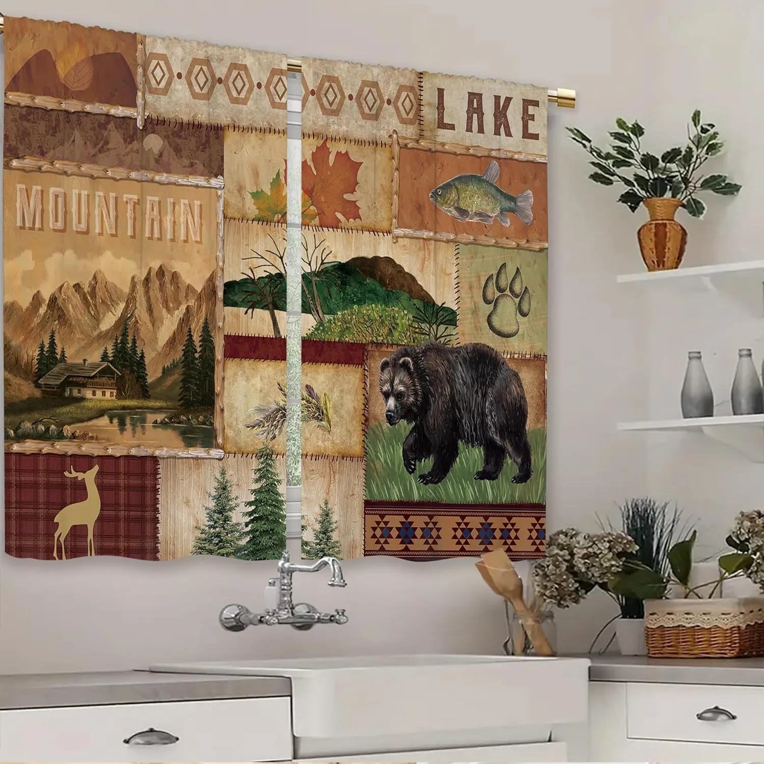 Farmhouse Cabin Forest Kitchen Curtains Rustic Forest Deer Bear Country Small Short Cafe Window Curtains RV Mountain Rod Pocket Bathroom Drapes Treatment Tier Curtains 2 Panels (27.5x39 Inch)