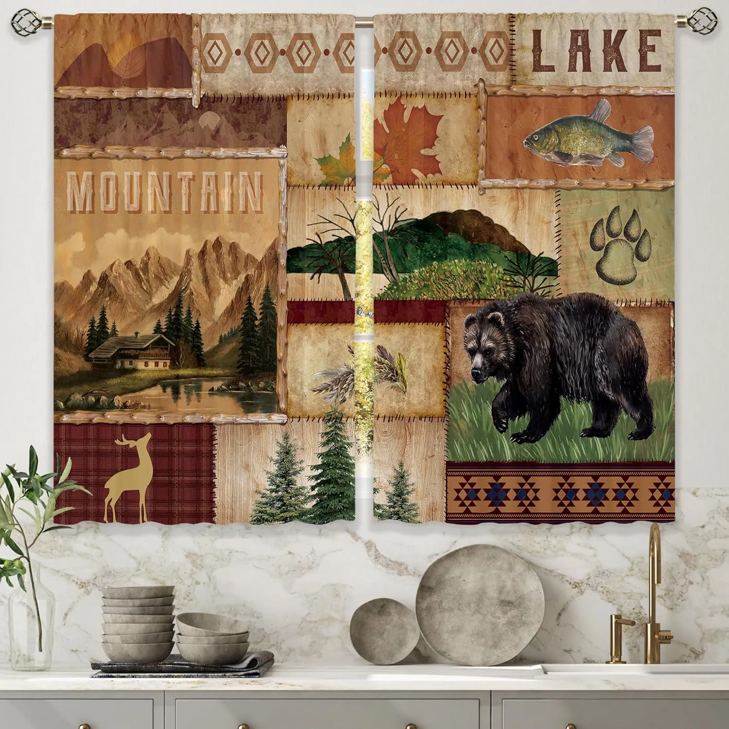 Farmhouse Cabin Forest Kitchen Curtains Rustic Forest Deer Bear Country Small Short Cafe Window Curtains RV Mountain Rod Pocket Bathroom Drapes Treatment Tier Curtains 2 Panels (27.5x39 Inch)