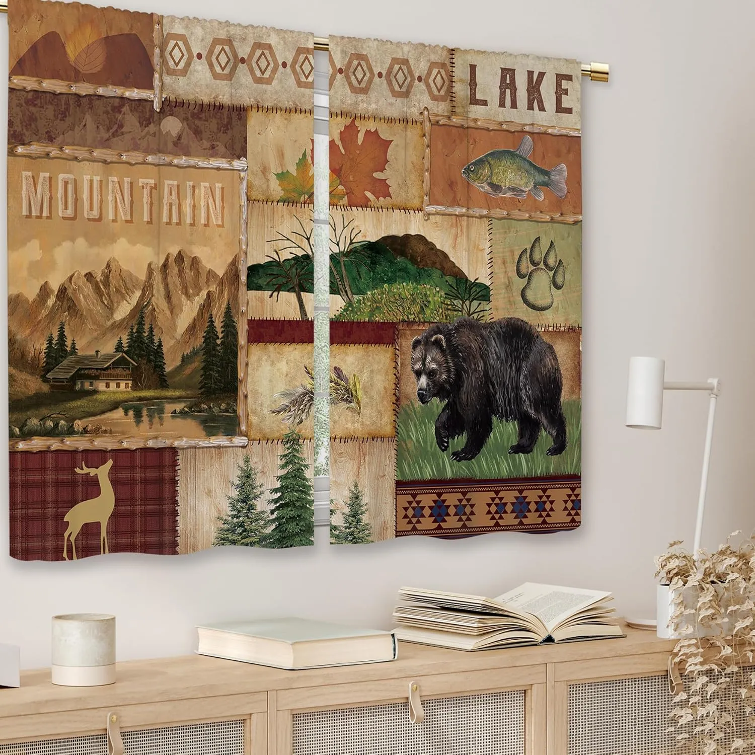 Farmhouse Cabin Forest Kitchen Curtains Rustic Forest Deer Bear Country Small Short Cafe Window Curtains RV Mountain Rod Pocket Bathroom Drapes Treatment Tier Curtains 2 Panels (27.5x39 Inch)