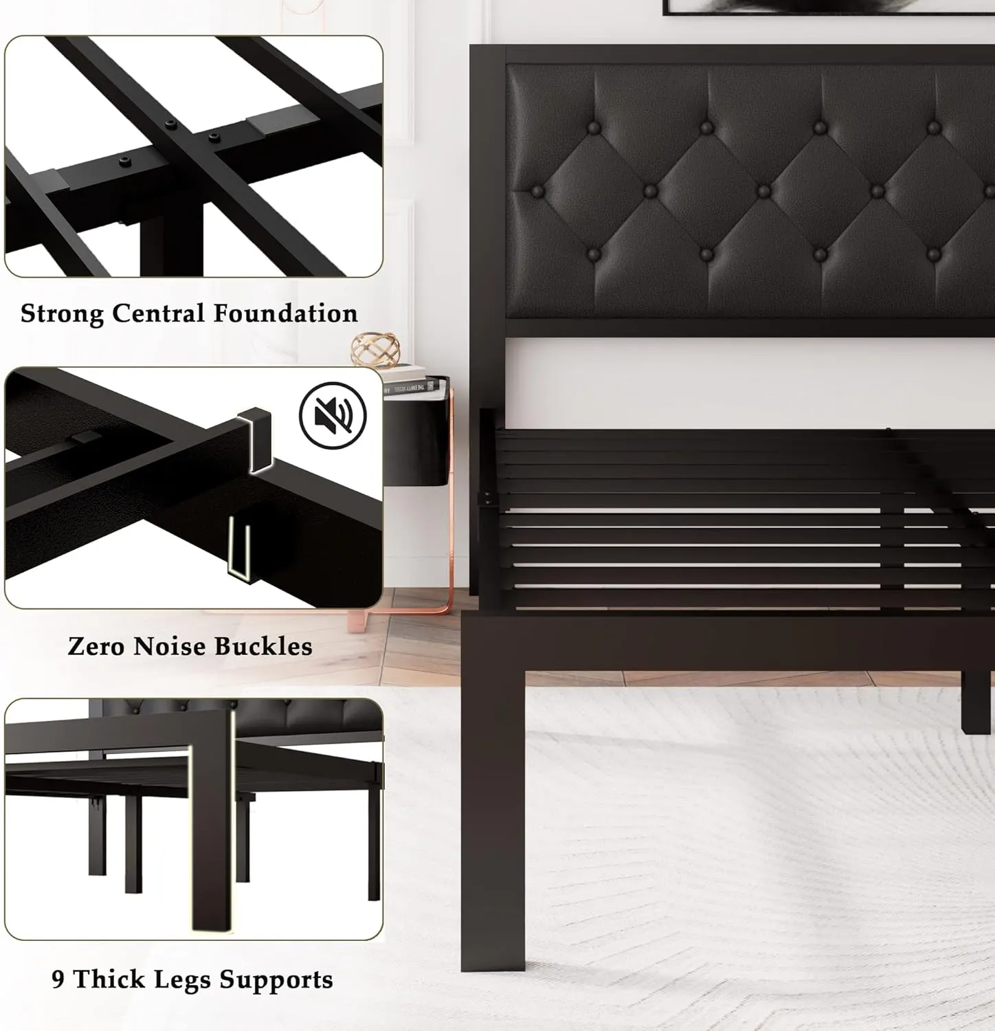 Feonase Queen Size Metal Bed Frame with Faux Leather Button Tufted Headboard, Heavy-Duty Platform Bed Frame with 12" Storage, Steel Slats Support, No Box Spring Needed, Noise Free, Black