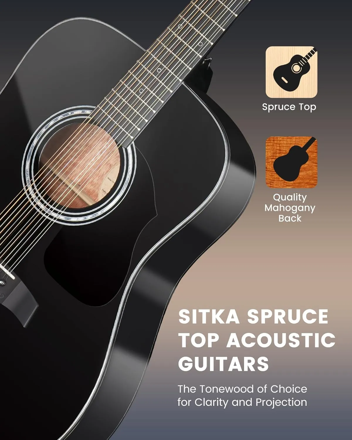 Fesley 12 String Guitar: 42" Full Size Acoustic Electric Guitars for Beginners Adults, Spruce Top Guitarra Acustica, Guitar Bundle with Gig Bag, Picks, Strings, Strap, Gloss, Black