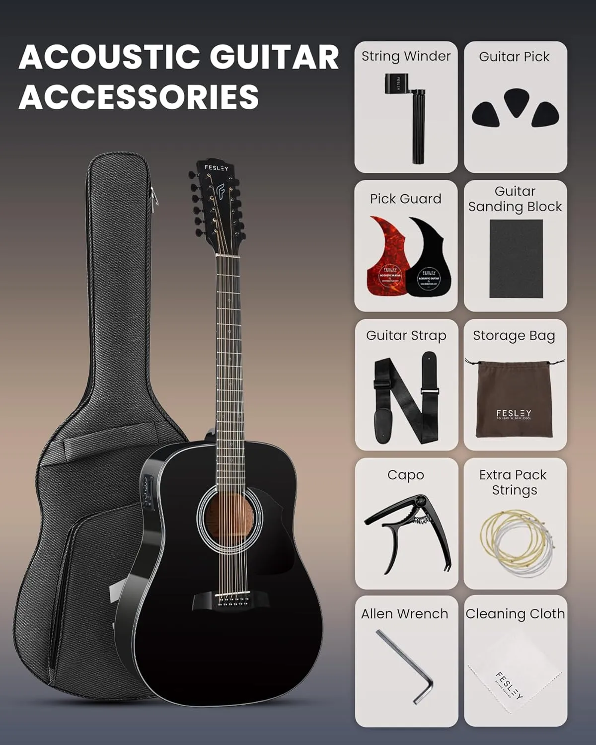 Fesley 12 String Guitar: 42" Full Size Acoustic Electric Guitars for Beginners Adults, Spruce Top Guitarra Acustica, Guitar Bundle with Gig Bag, Picks, Strings, Strap, Gloss, Black