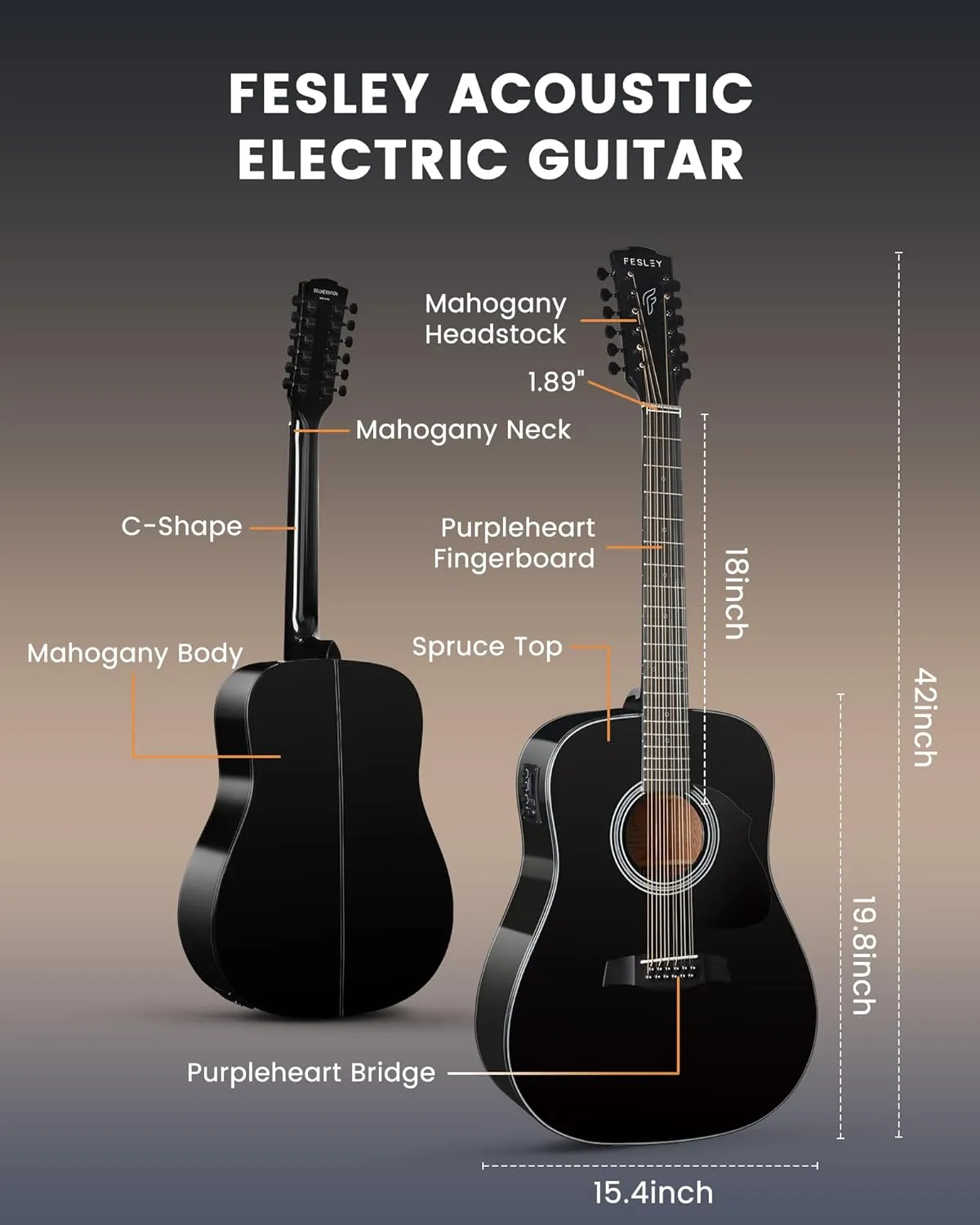 Fesley 12 String Guitar: 42" Full Size Acoustic Electric Guitars for Beginners Adults, Spruce Top Guitarra Acustica, Guitar Bundle with Gig Bag, Picks, Strings, Strap, Gloss, Black