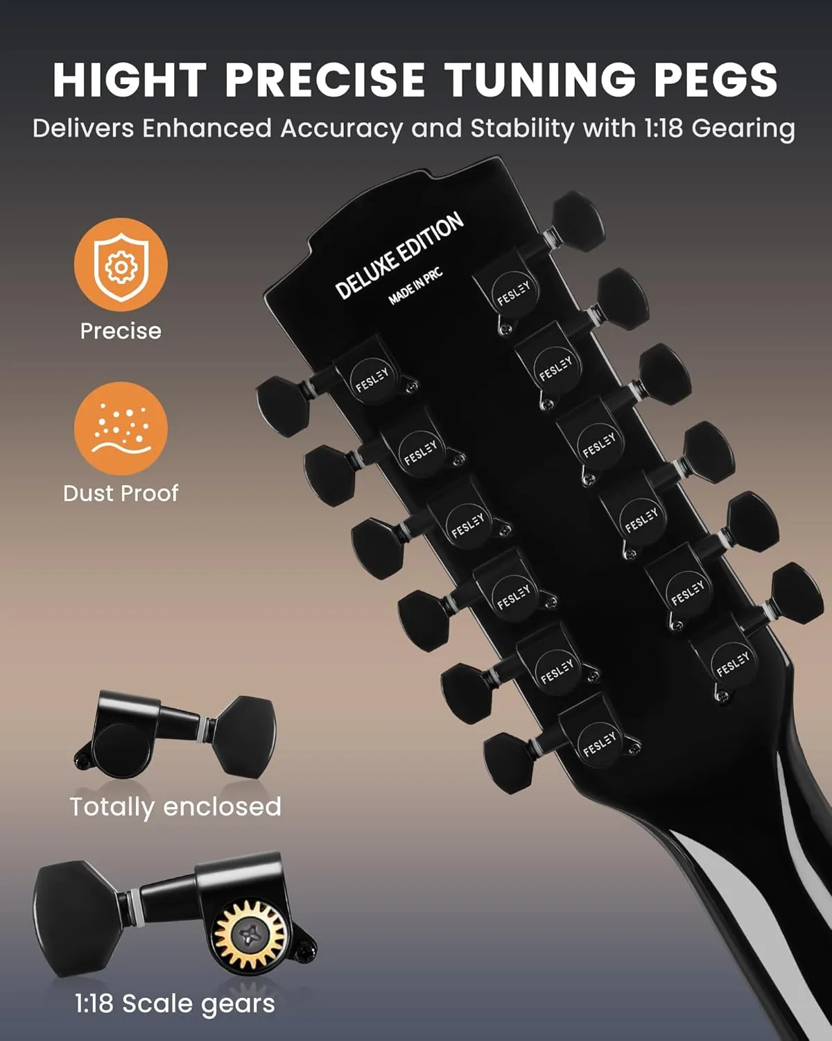 Fesley 12 String Guitar: 42" Full Size Acoustic Electric Guitars for Beginners Adults, Spruce Top Guitarra Acustica, Guitar Bundle with Gig Bag, Picks, Strings, Strap, Gloss, Black