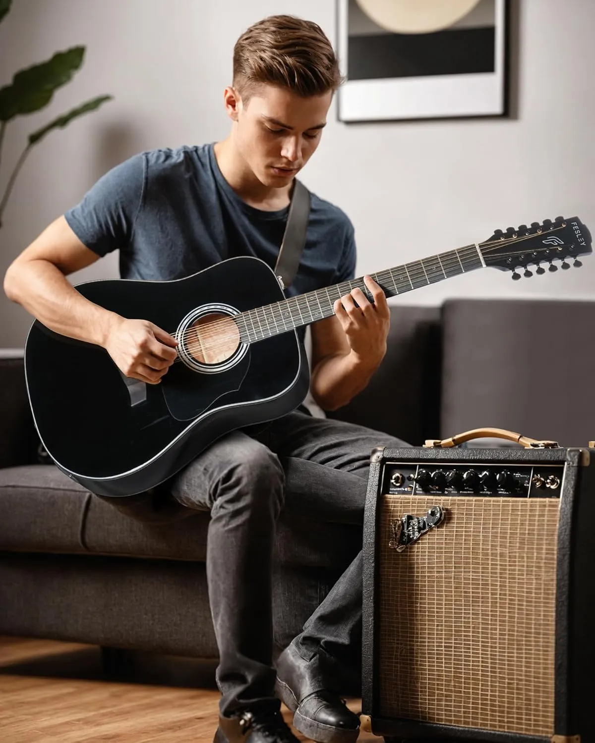 Fesley 12 String Guitar: 42" Full Size Acoustic Electric Guitars for Beginners Adults, Spruce Top Guitarra Acustica, Guitar Bundle with Gig Bag, Picks, Strings, Strap, Gloss, Black