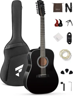 Fesley 12 String Guitar: 42" Full Size Acoustic Electric Guitars for Beginners Adults, Spruce Top Guitarra Acustica, Guitar Bundle with Gig Bag, Picks, Strings, Strap, Gloss, Black