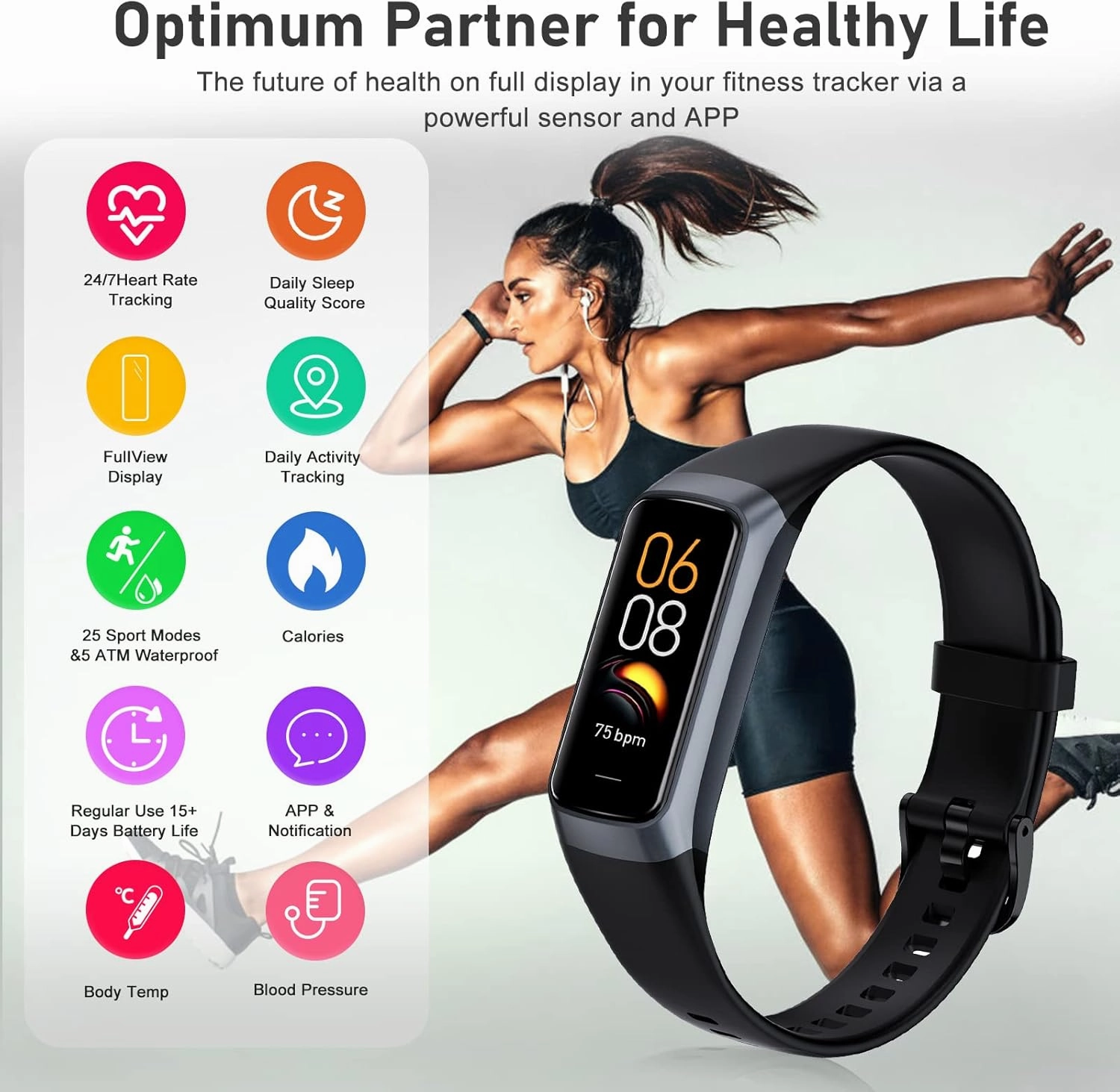 Fitness Tracker with 24/7 Heart Rate, Blood Oxygen Blood Pressure Sleep Monitor, Activity Trackers 5 ATM Waterproof,Step Calorie Counter Pedometer Health Smart Watch for Women Men (Black)