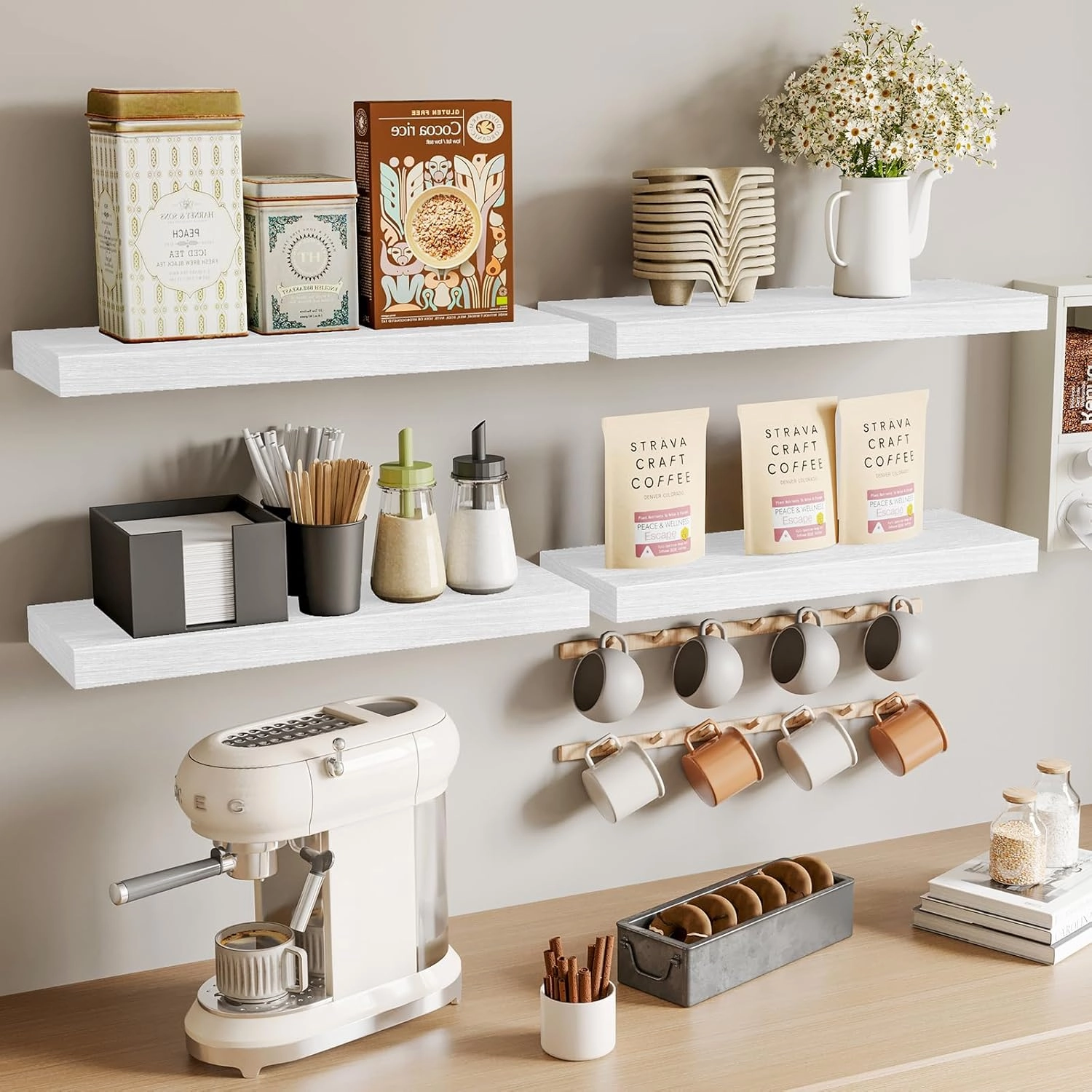 Fixwal 15.8in Floating Shelves, Rustic Wood Finish Wall Shelves Set of 4, Shelves for Wall Decor, with Invisible Brackets for Bathroom, Living Room,Bedroom and Kitchen(White)