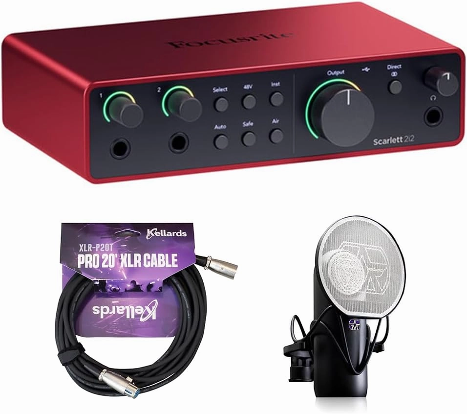 Focusrite Scarlett 2i2 USB-C Audio Interface (4th Gen) Bundle with Aston Microphones Element Microphone KIT and Kellards XLR-P20T Pro 20 ft XLR Microphone Cable, XLR Male to Female Cable 3-Pin