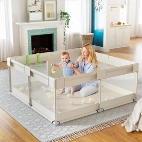 Fodoss Baby Playpen, Upgrade Playpen for Babies and Toddlers, 47x47x26inch Beige Play Pen for Babies with Hand Pulling Ring, Play Pen Center for Kids,Baby Fence,Baby Playards