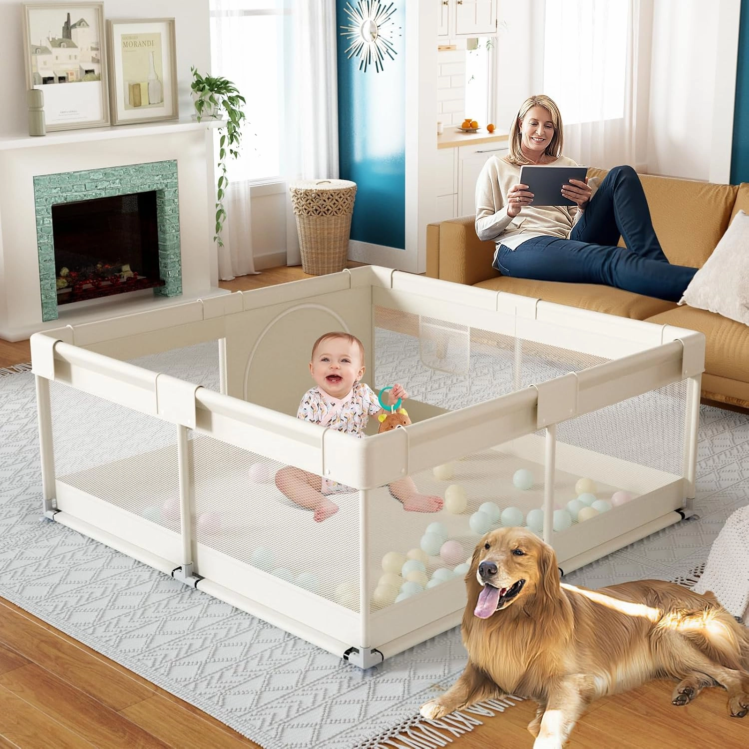 Fodoss Baby Playpen, Upgrade Playpen for Babies and Toddlers, 47x47x26inch Beige Play Pen for Babies with Hand Pulling Ring, Play Pen Center for Kids,Baby Fence,Baby Playards