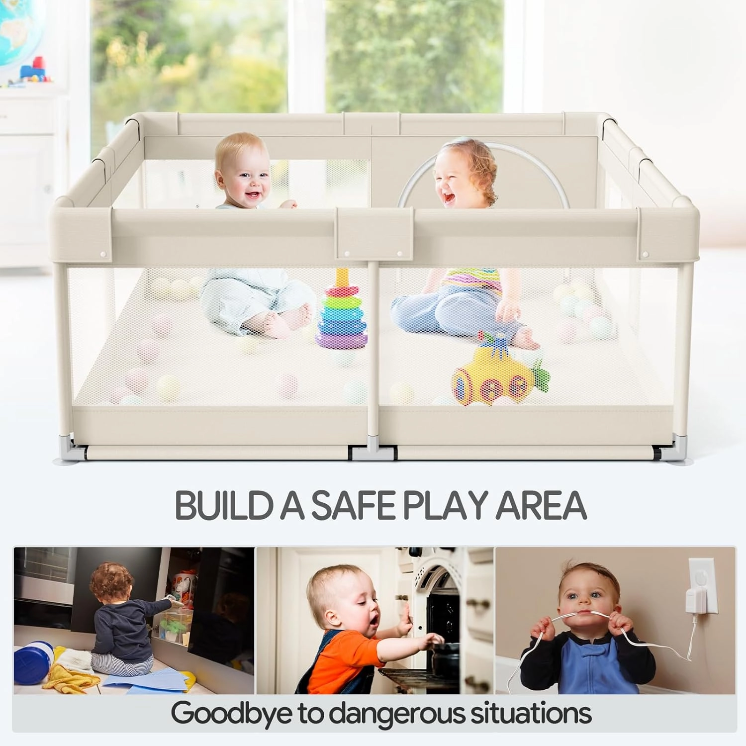 Fodoss Baby Playpen, Upgrade Playpen for Babies and Toddlers, 47x47x26inch Beige Play Pen for Babies with Hand Pulling Ring, Play Pen Center for Kids,Baby Fence,Baby Playards