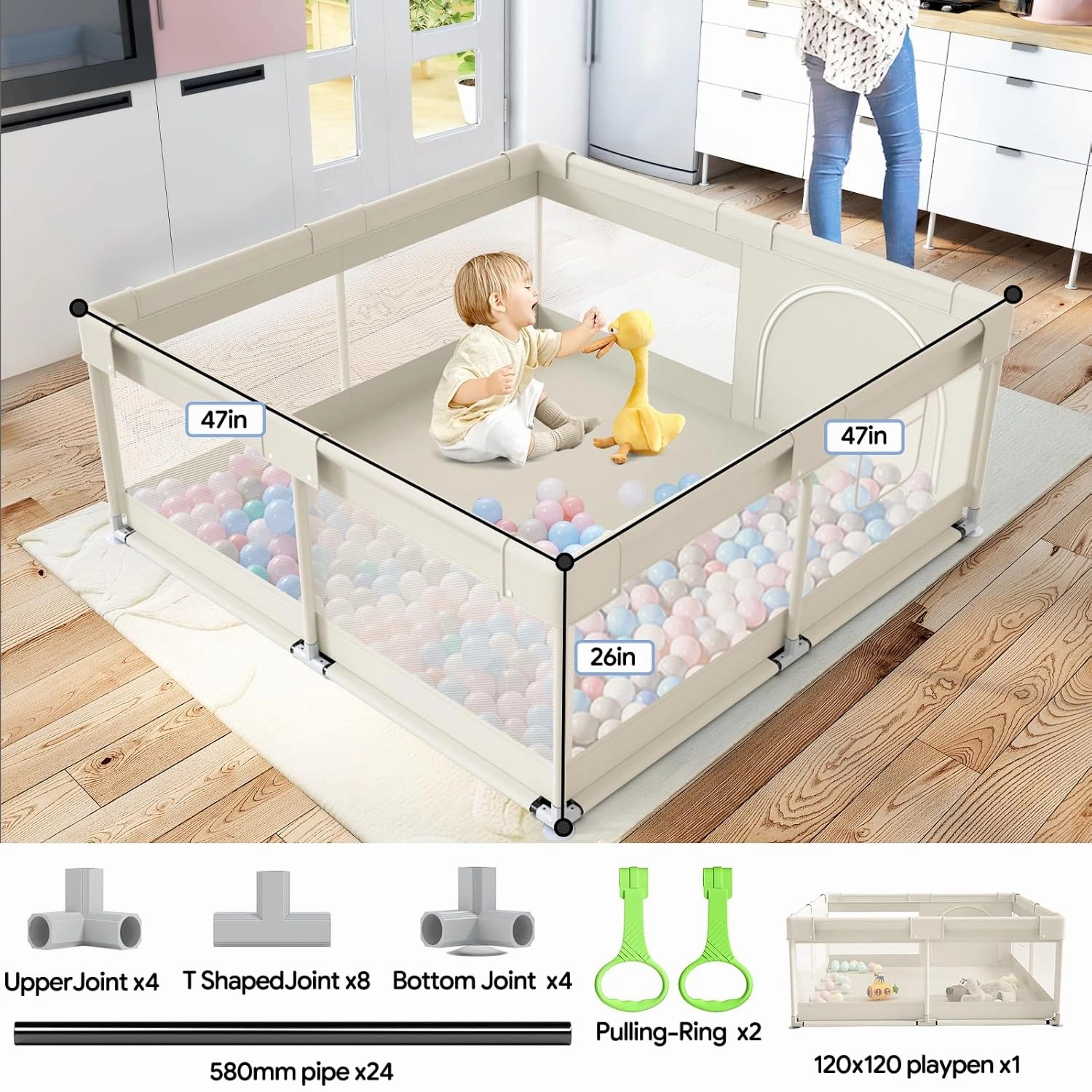 Fodoss Baby Playpen, Upgrade Playpen for Babies and Toddlers, 47x47x26inch Beige Play Pen for Babies with Hand Pulling Ring, Play Pen Center for Kids,Baby Fence,Baby Playards