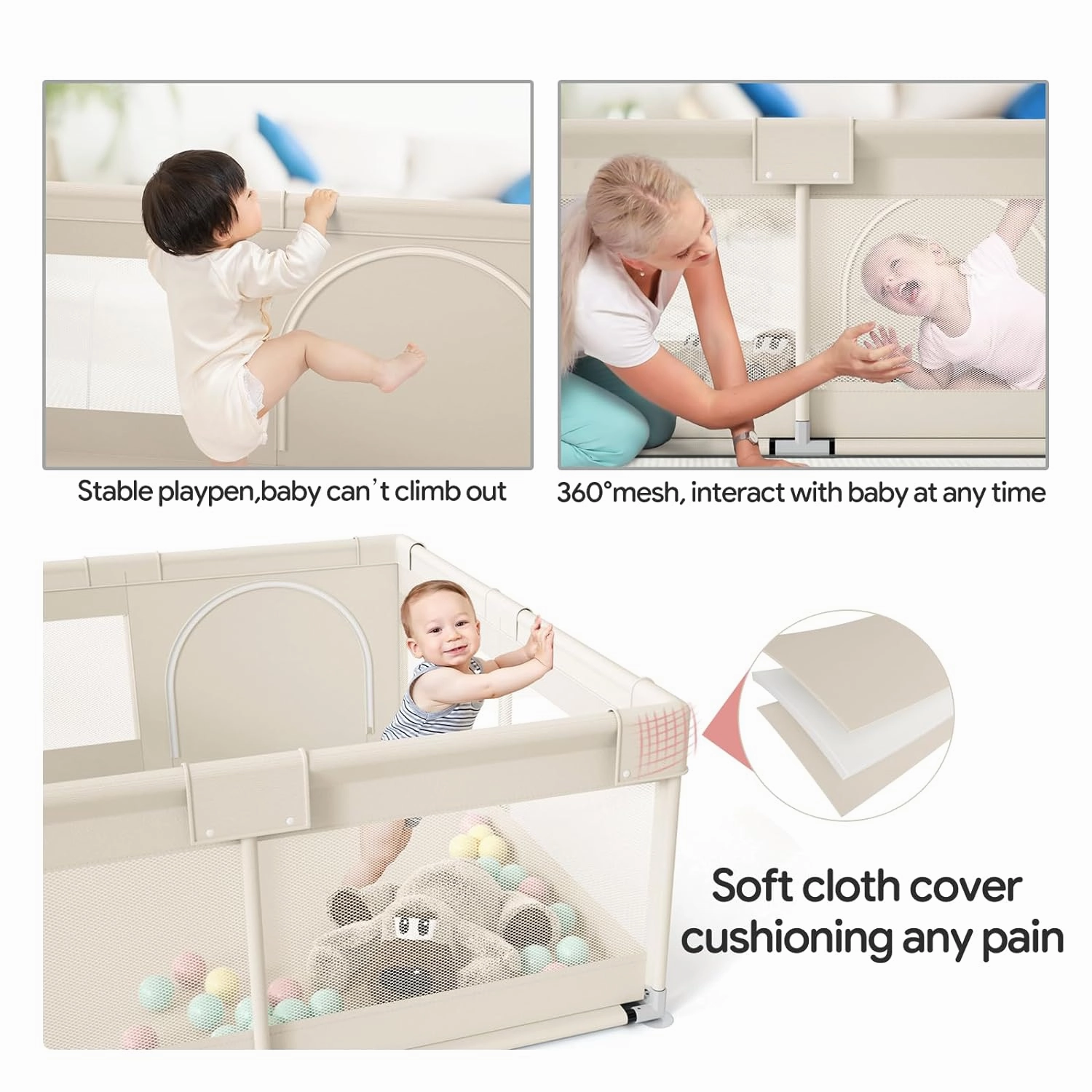 Fodoss Baby Playpen, Upgrade Playpen for Babies and Toddlers, 47x47x26inch Beige Play Pen for Babies with Hand Pulling Ring, Play Pen Center for Kids,Baby Fence,Baby Playards