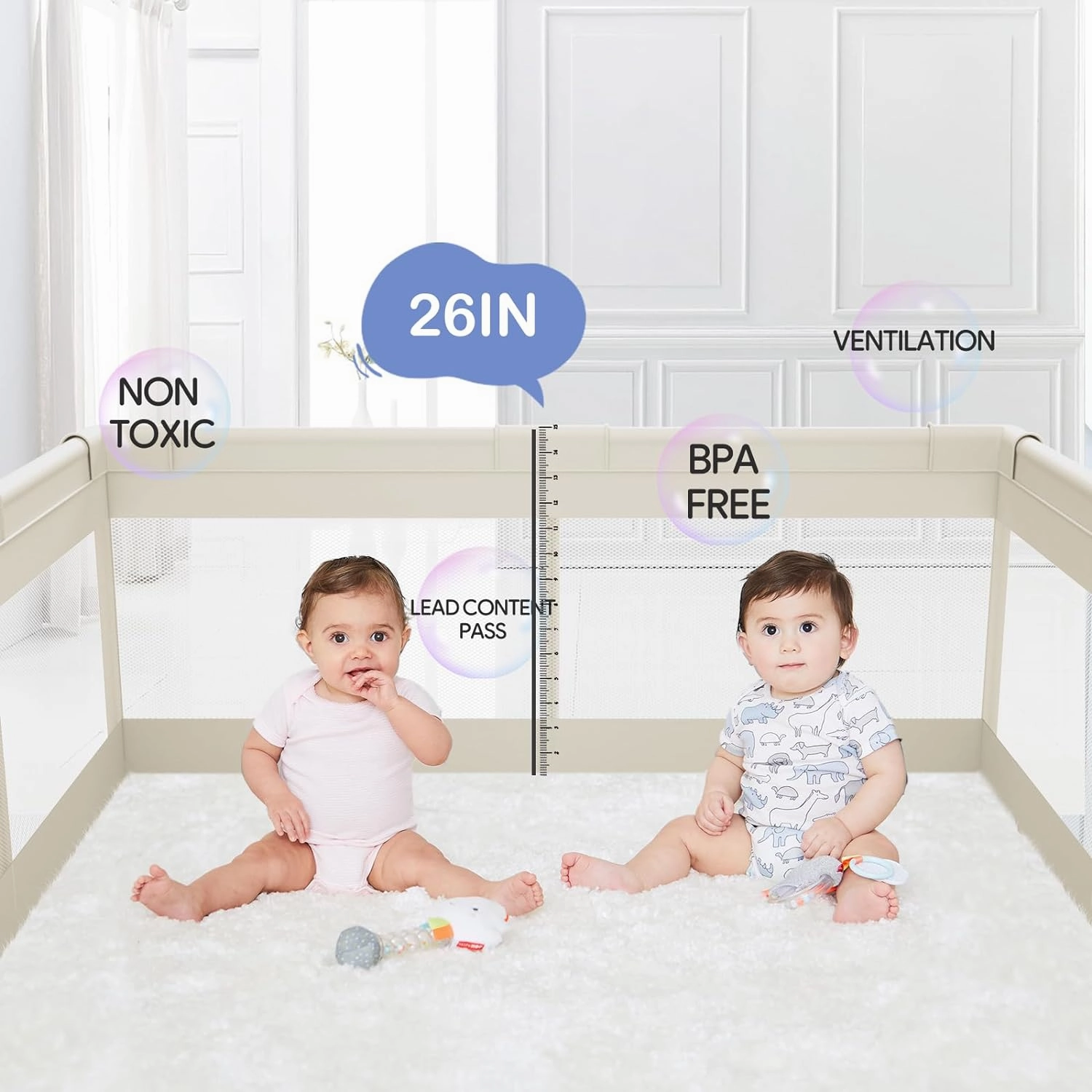 Fodoss Baby Playpen, Upgrade Playpen for Babies and Toddlers, 47x47x26inch Beige Play Pen for Babies with Hand Pulling Ring, Play Pen Center for Kids,Baby Fence,Baby Playards