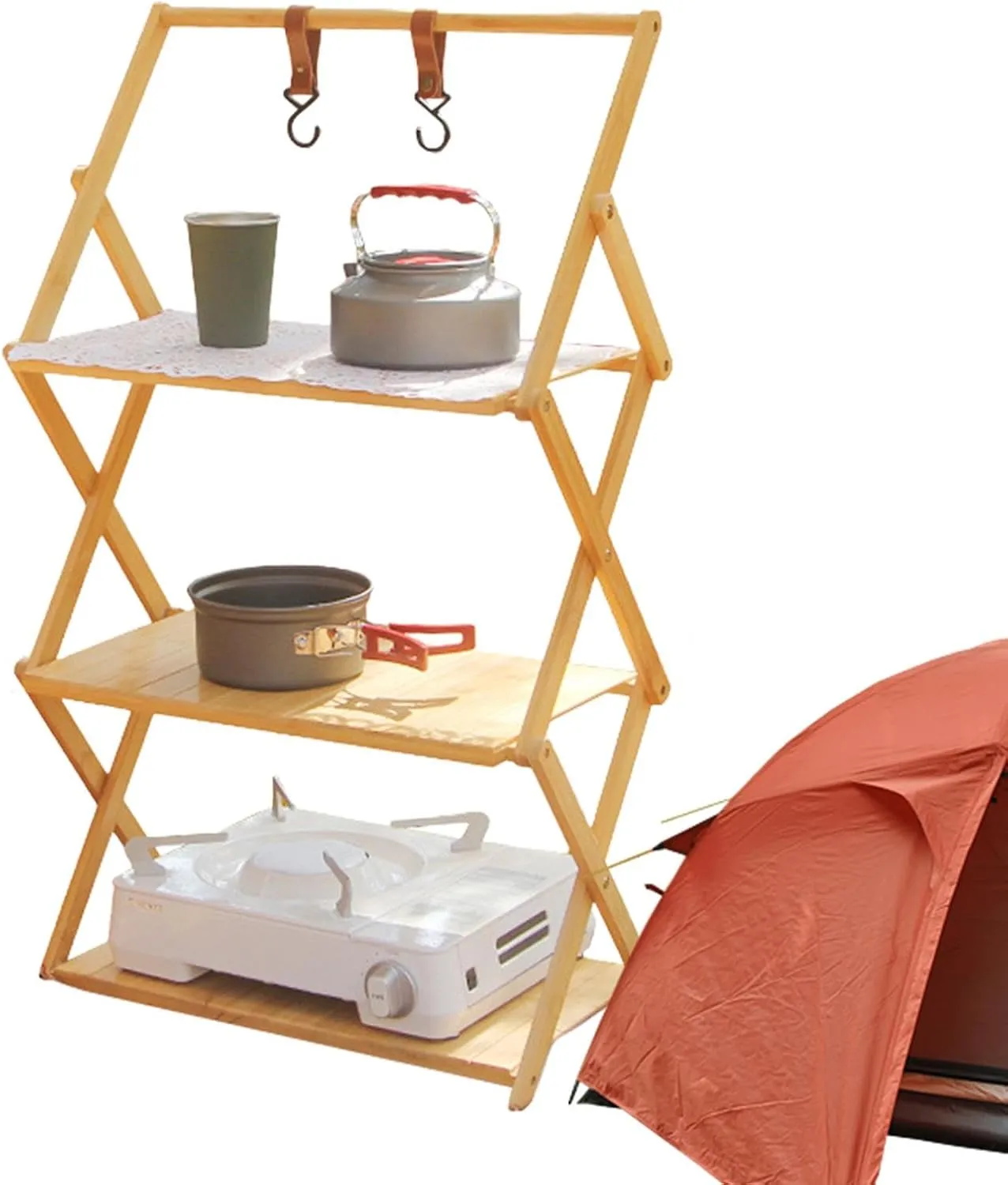 Foldable Camping Shelves - Lightweight Camp Storage Rack, Folding Outdoor Shelf | Camping Portable Folding Table with Multi Tier, Folding Picnic Table Wear Resistant Compact for Kitchen Use