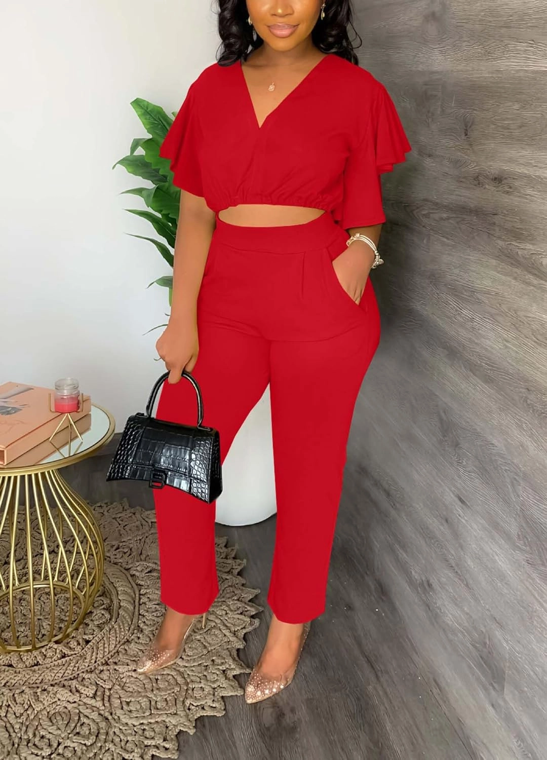 Fooullaide Womens Summer 2 Piece Outfit Set Crop Top Butterfly Sleeve Short Set Sexy Beach Vacation 2pc Sets
