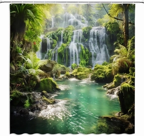 Forest Waterfall Shower Curtain Tropical Rainforest Teal Lake Jungle Stream Green Plant Natural Landscape Spring Summer Bathroom Decor Fabric Curtains with Hooks