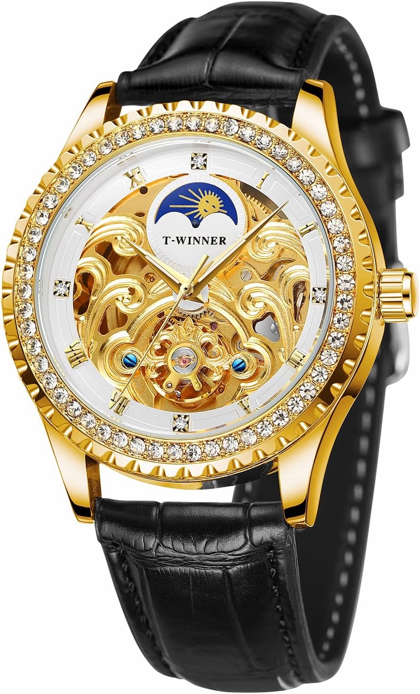 FORSINING Men's Waterproof Mechanical Self Winding Roman Number Diamond Dial Luxury Moon Phase Wrist Watch