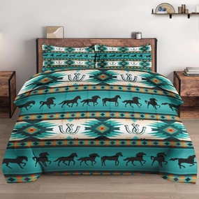 Full Size Comforter Set with 2 Pillowcases, American Aztec Horse Geometric 3 Pcs Bedding for Kids and Adults, Native Abstract Soft Comforter Set for Bedroom Bed Decor