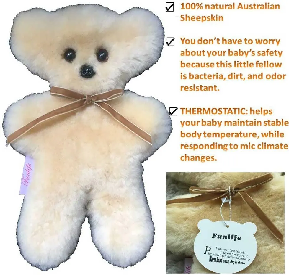 funlife 100% Australian Soft Lambskin Flat Teddy Bear for Baby Birthday Gift,Natural Snuggle Bear for Infant,Cream