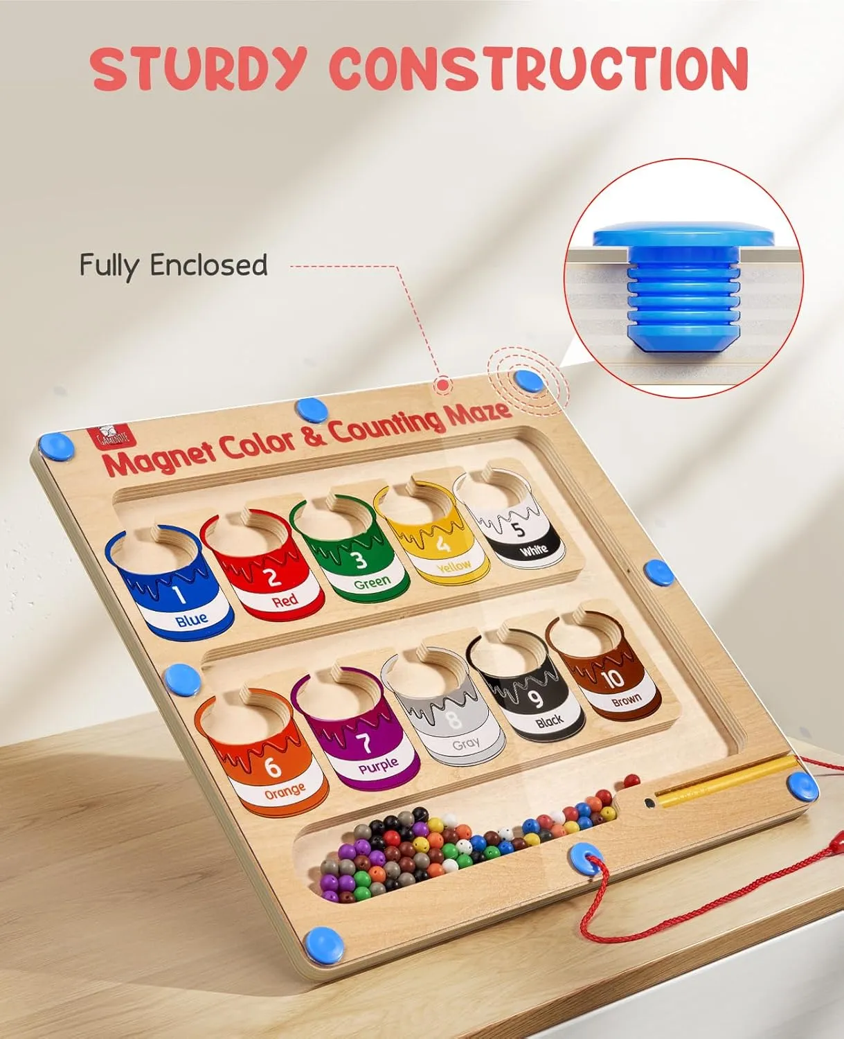 GAMENOTE Magnetic Color and Number Maze - Educational Fine Motor Skills Toys for Boys Girls 3 4 5 Years Old, Wooden Color Matching Learning Counting Toddler Puzzle Board