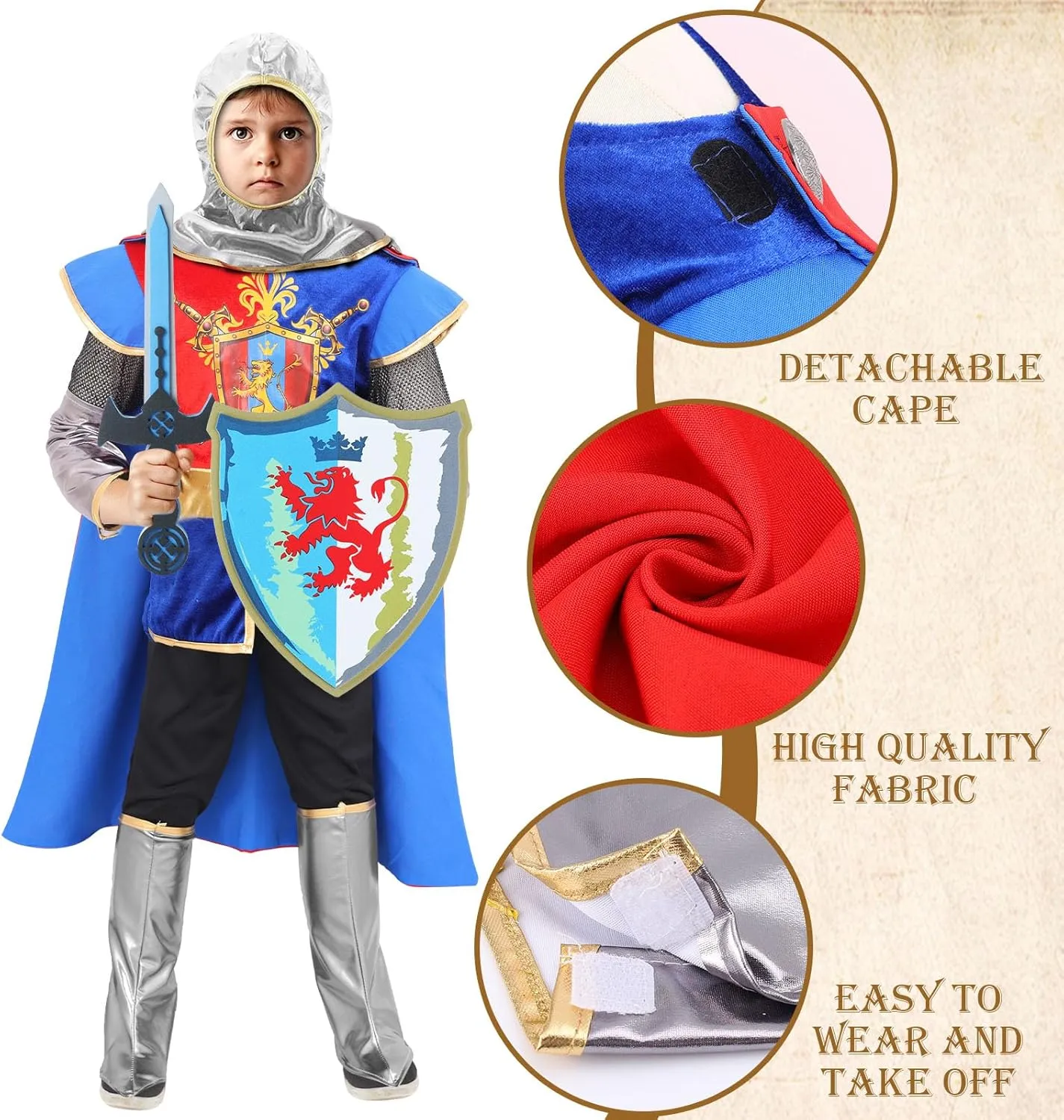 G.C Kids Knight Costume Toddler Boy Dress Up Clothes Medieval Costumes with Cape Toys Accessories Halloween Cosplay Gifts
