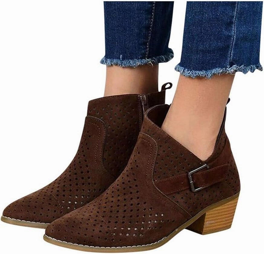 Gibobby Ankle Boots for Women Low Heel,Slip-On Loafers Pointed Toe Chunky Hollow Bucket Office Casual Shoes Cutout Booties