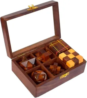 Gift Set in A Wood Box - 3D Unique IQ Puzzles Teens Adult Gift Handcrafted 6 in 1 Wooden 3D Puzzle Game.(7x4.75x2.5 inch)